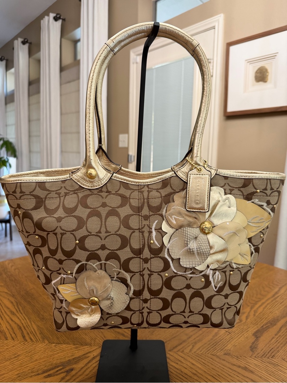 Coach Bleecker Floral Appliqué Signature Tote in Brown and Cream